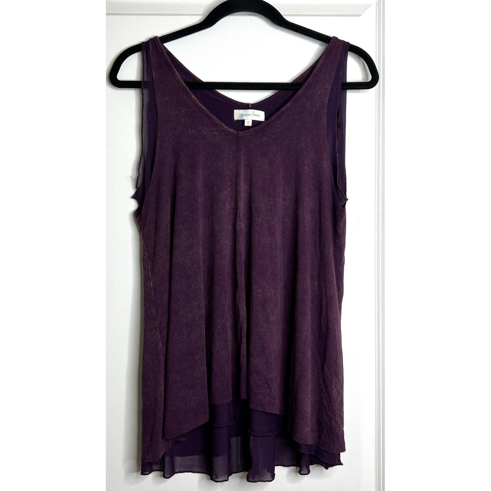 Grace & Lace Plum Purple Mesh Layered V-Neck Tank Top Small Rayon Spandex Flowy